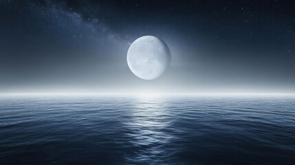 Radiant Full Moon Illuminating The Calm Ocean Waters Under A Starry Night Sky