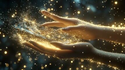 Glowing hands cradling water, dark sparkle background