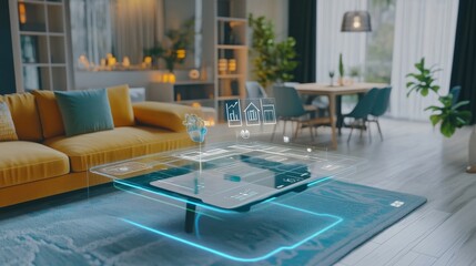 An AI powered virtual home staging tool, simulating furniture and decor arrangements in real-time to help buyers visualize their new homes, glowing staging interface
