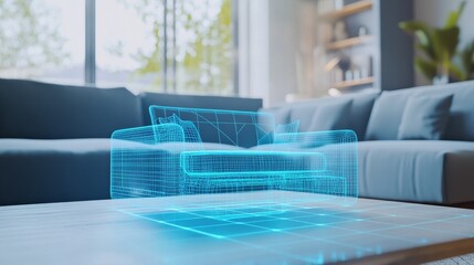 An AI powered virtual home staging tool, simulating furniture and decor arrangements in real-time to help buyers visualize their new homes, glowing staging interface