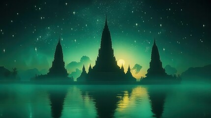 Silhouetted Ancient Temples Reflecting in Water Beneath a Starry Night Sky with Green Hues