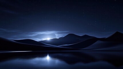 Stunning Night Landscape with Mountains and Reflection Under Moonlight and Stars in Desert