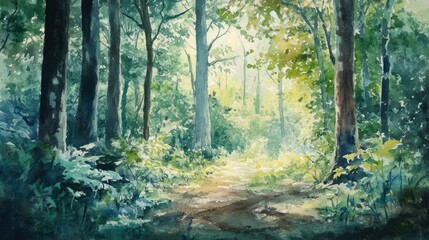 Obraz premium Watercolor painting of a sunlit forest path