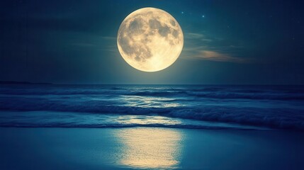 Illuminating Full Moon Reflecting on Calm Ocean Waters Under Night Sky with Stars