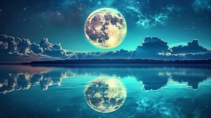 Stunning Night Landscape with Reflective Moon Over Calm Water and Starry Sky