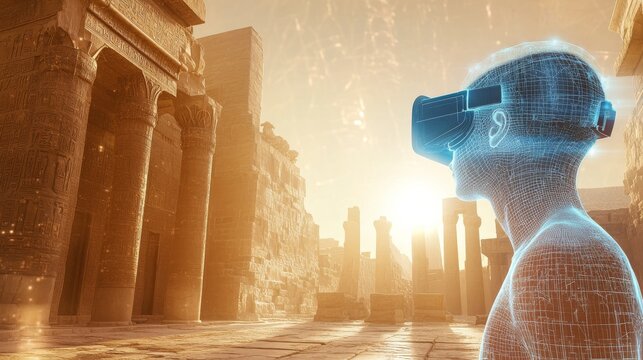 An AI powered virtual reality system allowing users to explore ancient ruins in immersive detail, glowing VR interface, 3D scanning technology