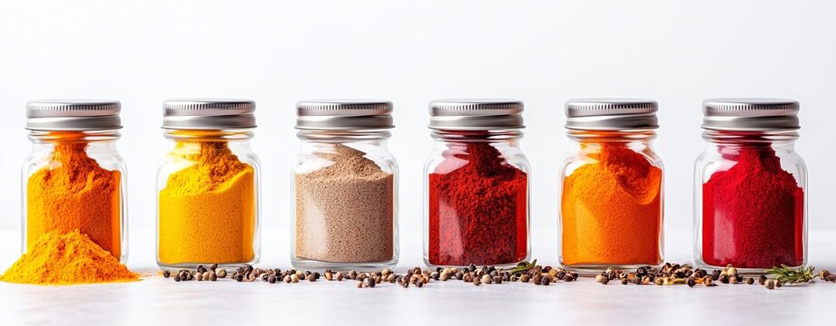 Colorful spice jars arranged on a surface with scattered spices. a glass spice jar with a metal lid, filled with colorful spices, kitchen storage essential, isolated on white background 