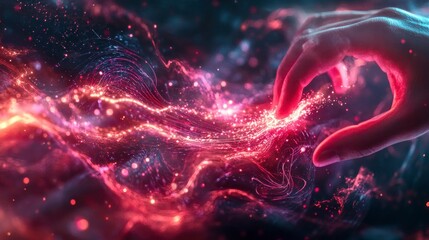 Hand interacting with digital energy field, abstract background