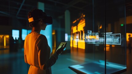 An AI powered virtual tour guide leading visitors through an immersive historical museum experience, glowing interactive exhibits, real-time information display