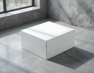 White Box Container Mockup on Concrete Floor with Window Lighting
