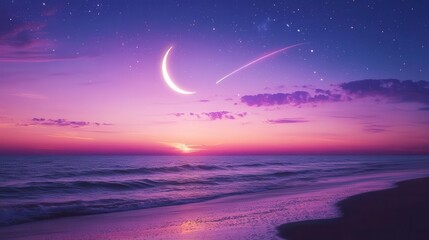 Serene Sunset Over Ocean with Crescent Moon and Shooting Stars in a Dreamy Atmosphere