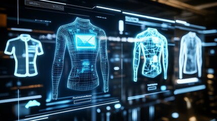 An AI powered virtual try on fashion tool, analyzing customer body measurements and preferences in real-time to suggest virtual clothing fits and styles, glowing fashion interface