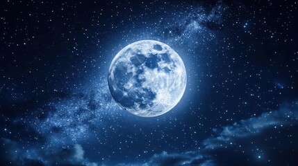 Illuminated Full Moon Surrounded by Stars and Clouds in a Beautiful Night Sky