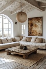 Fototapeta premium Interior Design Magazine Mockup with Large Wall Art, Beige and White Palette, Soft Natural Lighting, Simple Wooden Coffee Table with Plants, Modern Boho-Style Living Room, Minimalist Decor, Large Hang