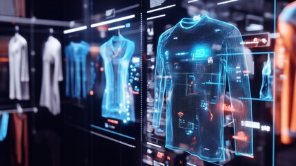 An AI powered virtual try on fashion tool, analyzing customer body measurements and preferences in real-time to suggest virtual clothing fits and styles, glowing fashion interface