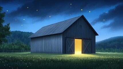 Obraz premium A peaceful countryside barn at night, with warm, golden light glowing from inside, gentle crickets chirping