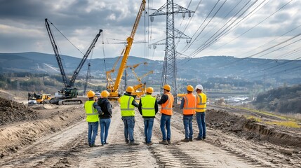 Team of engineers in hard hats and safety gear overseeing a road construction project with heavy machinery like excavators and cranes operating in the background at the worksite