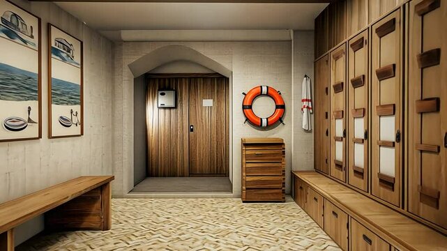 Interior shot showcasing a charming boathouse with lockers, benches, and nautical decor