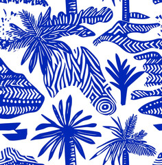 Fototapeta premium Blue and white Hawaiian floral seamless pattern