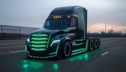 Futuristic black semi-truck with green neon lights driving on highway at dusk.