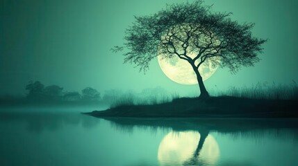 Silhouette of a Tree Against a Full Moon with Reflection on Calm Water at Night