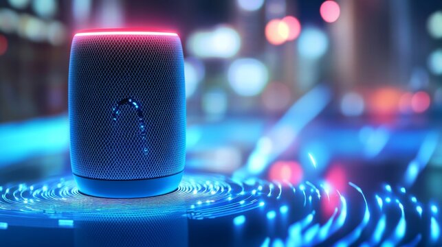 An AI powered voice enabled smart speaker for home security, providing real-time surveillance feedback and controlling security systems with voice commands, glowing security interface