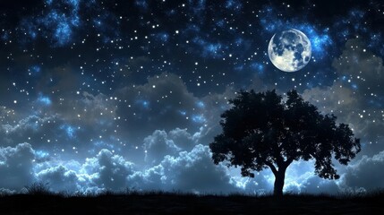 Silhouette of a Tree Against a Starry Night Sky with a Full Moon and Cloudy Atmosphere