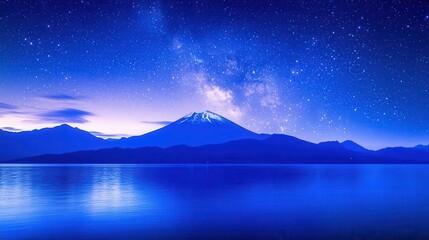 Starry Night Over Mount Fuji Reflecting in a Calm Lake in Japan's Serene Landscape