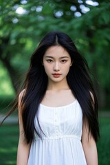 Naklejka premium arafed asian woman with long black hair standing in a park