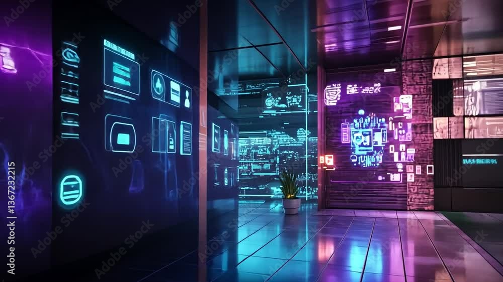 Poster futuristic interior with glowing interfaces projecting information and data visualizations