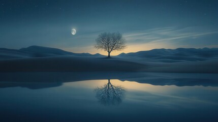 Silhouetted Tree and Its Reflection Under a Starry Night Sky with Moonlight on Water