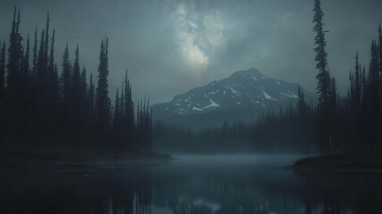 Starry Night Sky Over Mountain Reflection in Calm Lake Surrounded by Dark Silhouetted Forests