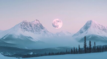 Snowy Mountain Landscape Under Pastel Pink Sky and Full Moon in Winter Wilderness