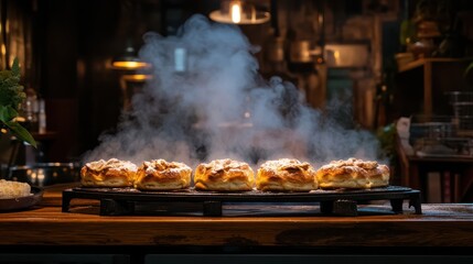Five steaming pastries dusted with sugar sit on a black rack on a wooden table. Use this image to highlight fresh baking, or breakfast at a cozy bakery.
