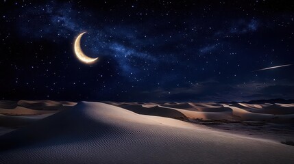 Stunning Nighttime Desert Landscape with Crescent Moon and Starry Sky Over Sand Dunes