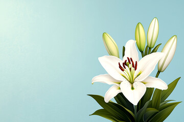 Obraz premium White flower with green leaves is the main focus of the image. The flower is surrounded by a blue background, which creates a sense of calmness and serenity. The image conveys a feeling of peace
