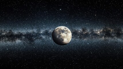 Fototapeta premium Luminous Moon Surrounded by Stars and Cosmic Dust in an Expansive Galactic View