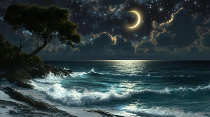 Stunning Nighttime Ocean View with Moonlight Reflections and Lush Tree Silhouette