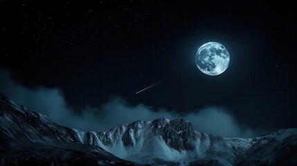 Striking Full Moon Illuminating Snow-Capped Mountains Under a Starry Night Sky