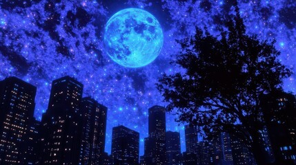 Starlit Night Sky Over Urban Cityscape with Full Moon and Bright Lights of Buildings