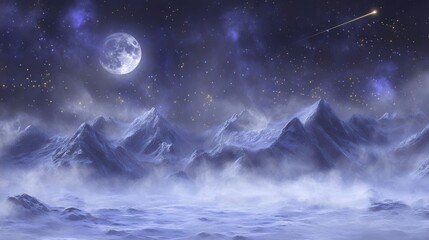 Snowy Mountain Landscape Under Starry Night Sky with Full Moon and Celestial Elements