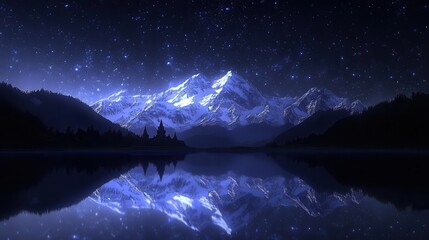Stunning Reflection of Snow-Capped Mountains Under a Starry Night Sky at a Calm Lake