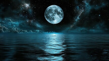 Illuminated Moon Over Serene Ocean Waters Reflecting Night Sky Filled With Stars