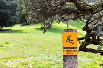 A yellow warning sign is placed on a green lawn. It contains an image of a falling man and warning...