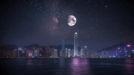 Stunning City Skyline at Night with Full Moon and Starry Sky Over the Water in Hong Kong