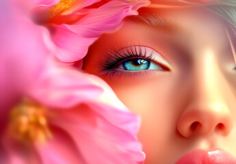 Close-up of a beautiful woman with long eyelashes and pink lips, colorful flower petals in the background, bright light and pastel colors, high-resolution photography