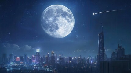Stunning Urban Skyline Under a Bright Full Moon with Stars and Vibrant City Lights at Night