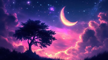 Starry Night Sky with Crescent Moon and Tree Silhouette in a Dreamy Atmosphere