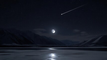 Starlit Night Sky Above Snowy Mountains Reflecting On Still Water Surface With Full Moon Glow