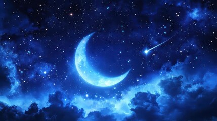 Stunning Crescent Moon Illuminating a Starry Night Sky with Clouds in Deep Blue Colors